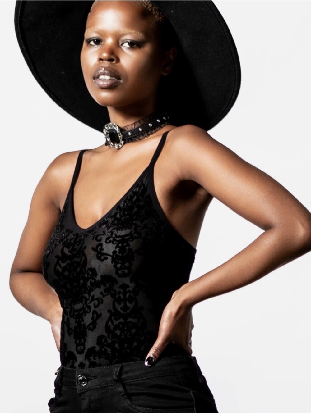 Killstar Daemonic Forces Black Velvet Burnout V-Neck Bodysuit - Picture 1 of 4